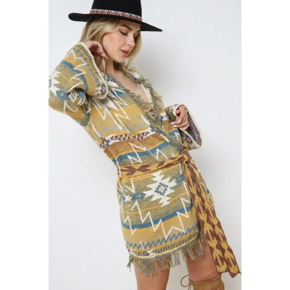 SOLD OUT Mustard Fringe Western Native Aztec Belted Tie Knit Cardigan Sweater - Picture 8 of 9